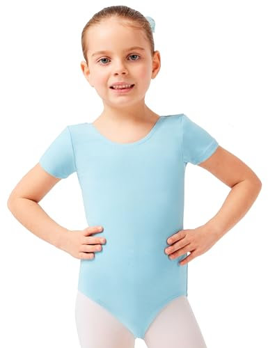 tanzmuster Ballettanzug Mädchen Kurzarm - Sally - aus weichem Baumwollstoff - Ballett Trikot Ballettbody in hellblau, Größe 104/110