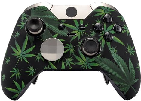 eXtremeRate Obere Hülle für Xbox One Elite Controller, DIY-Ersatz Vorder Gehäuse mit Thumbstick Akzent-Ringe Case Cover Ersatzteil Set für Xbox One Elite 1 Controller Modell 1698-Cannabis