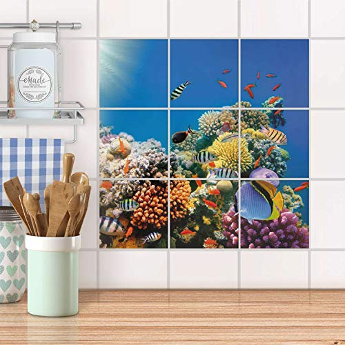 Fliesenbild für Bad und Küche I Fliesen Aufkleber Folie selbstklebend I Fliesen renovieren - Fliesenfolie für Küchen- und Badfliesen I Design: Coral Reef