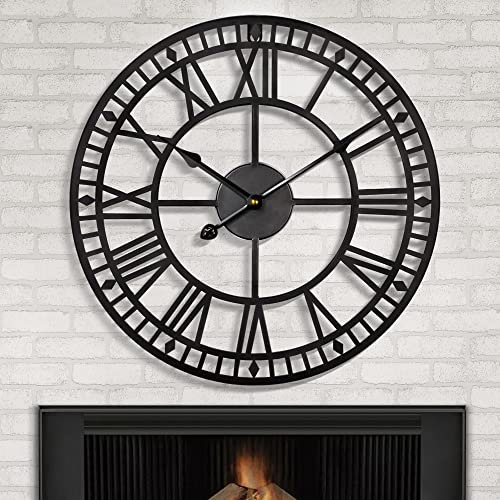 HAITANG Large Metal Iron Retro Wall Clock Silent Non-Ticking Battery Operated Vintage Metal Roman Numerals Round Modern Clocks For Living Room Decor -Black 40cm