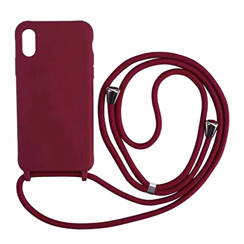 PuYu Zhe Compatible for iPhone X/Xs Case,Silicone Crossbody Cover TPU Shell Adjustable Cord Lanyard Slim Stylish Shockproof Case-Wine Red
