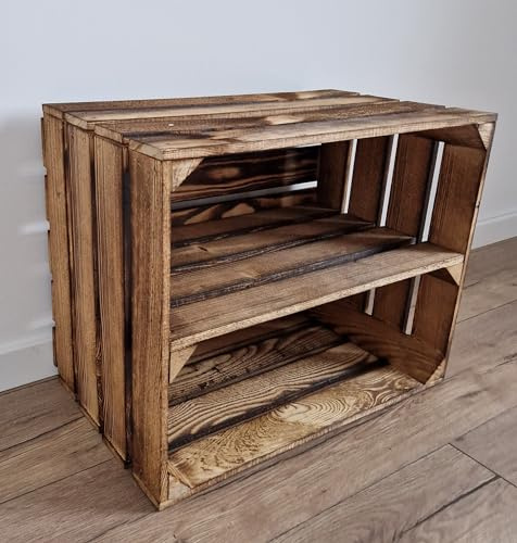 Wooden Crates Dark Burnt effect color with shelf - Fruit Vintage Boxes with shelf, 50x40x30 cm - medium size, can be used as storage or decorative, durable and clean