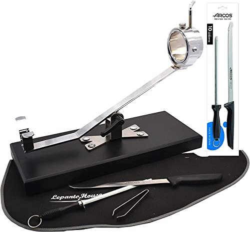 LEPANTO LepantoHouse Soporte Jamonero Future Basculante Giratorio Base Inoxidable para Jamones y Paletillas + Cuchillo Arcos Niza + CHAIRA + Cubre Jamon + Pinza (Madera Negra)