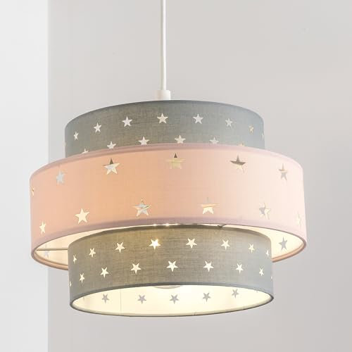 CGC Lighting Pantalla de lámpara para niños, diseño de estrellas, fácil ajuste, para dormitorio, sala de juegos, habitación de juguetes, espacio infantil (gris con banda rosa claro)