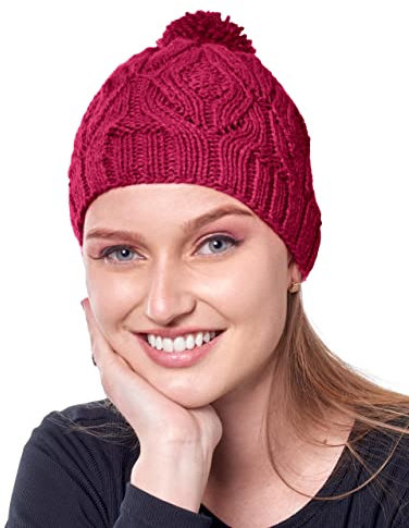 INTI ALPACA Handgestrickte Alpaka Beanie Mütze mit Pom Pom - Winter Beanie für Outdoor und Indoor, rot, Einheitsgröße