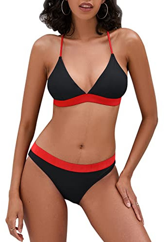 iSLASISIA Damen-Bikini-Badeanzug Criss Cross Back Triangle Bikini Tie Back Bikini Set Zweiteilige Badeanzüge (Schwarz & Rot, EU40)