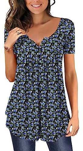 Magritta Women Plus Size Tunic Tops Ladies Summer Shirts Short Sleeve V Neck Floral Printed Blouses Lace Ruffle Swing Tops for Leggings Little Blue XX-Large