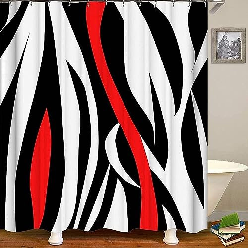 HATEGE Duschvorhang Anti-Schimmel Geometrische Muster 3D Duschvorhänge 120x200 Schwarze Und Rote Linien Duschvorhang Textil Waschbar Wsserdicht für Badezimmer Badewanne Badevorhang Bad