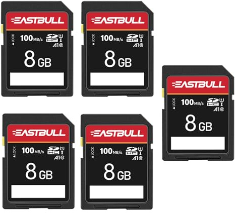 5-Pack of SD Card 8GB EASTBULL Class 10 SD Card U1 V30 High-Speed 100MB/s Read SDHC Memory Card 5-Pack for Camera, Full HD Video, with 5 Mini Cases (8 GB, 5 Pack)