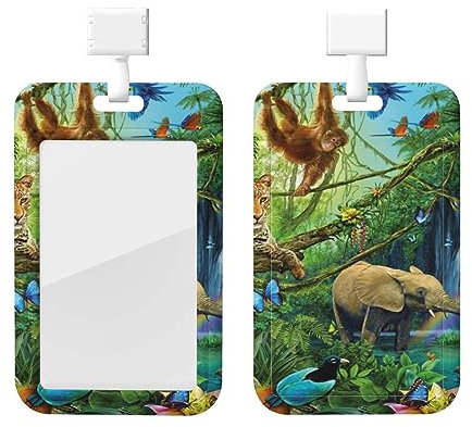 Porte-badge avec lanière - Motif animaux éléphant perroquet - Étanche - Pour carte d'identité - Cordon tour de cou amovible - Porte-étiquette transparent