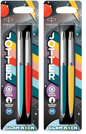 Stylo Parker Stylos à bille Parker Jotter Originals | Paquet de 4 | Collection Glam-Rock | Bleu azur, vermillon, bleu paon et jaune soleil | Encre bleue