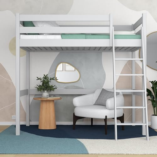 N-wood N03 Lit Mezzanine 1 Place en Bois Massif 90x190, Lit superposé pour Enfant Adulte, Échelle à Gauche ou Droite, Cadre Inclus, Sûr Bords arrondis, Peintures Haute qualité et écologiques, Gris