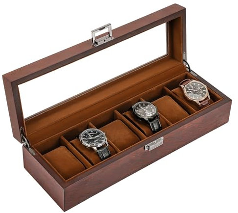 ProCase Porta Orologi Uomo in Legno a 6 Posti, Scatola Porta Orologi con Coperchio in Vetro, Custodia Orologio Portagioie Uomo Regali per la Festa del Papà/Regali per Lui -Espresso
