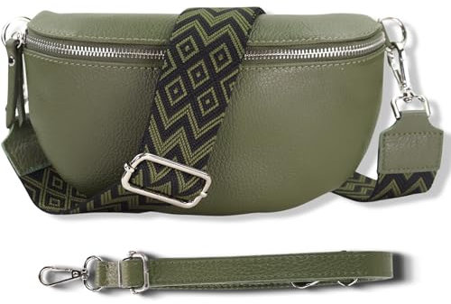 Blade Bauchtasche Echtleder, Stylische Gürteltasche Damen mit 2 gemusterten und Leder abnehmbaren & verstellbaren Breiten Gürteln, Crossbody Bag, Hochwertige Brusttasche für Frauen - Khaki