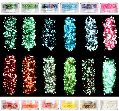 Leuchtende Glitzer Gesicht, 12 Farben Fluoreszierendes,Chunky Sequin Festival Körperglitzer Glitzerpulver Pailletten Set Für Gesicht Nägel Augen Haare, Masquerade Party Make-Up Glitter, Glitzersteine