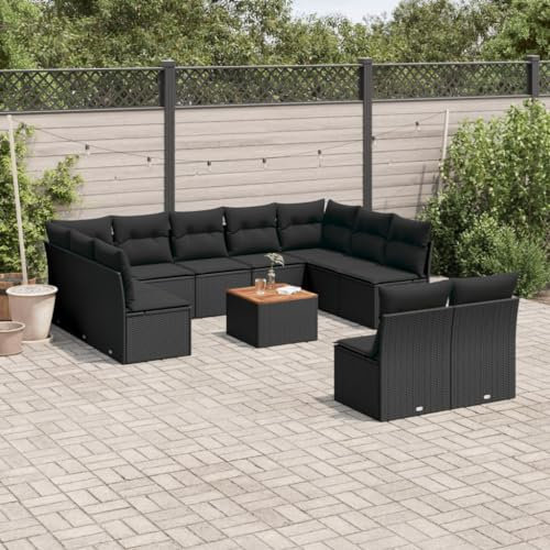 Keyroto 12-TLG. Garten-Sofagarnitur mit Kissen Schwarz Poly Rattan Gartengarnitur Gartenlounge Set Balkonlounge Gartenmöbel Lounge Terrassenmöbel Set
