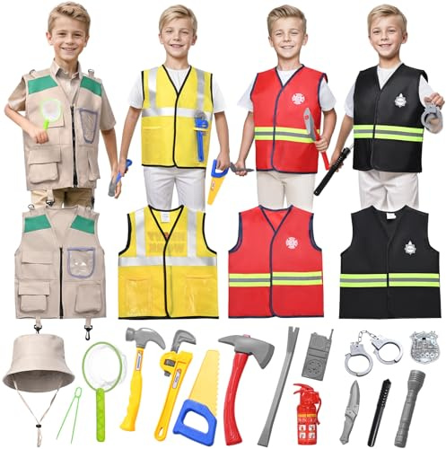 HarnyLoom Kids Police Fireman Explorer Construction Worker Costume, Dress Up Outfit Roleplay Kids Dressing Up Costumes Boys Girls for 3-8 Years Toys Accessories Fancy Halloween Cosplay Suit