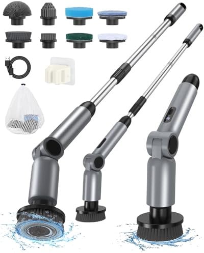 Elektrische Reinigungsbürste, [Zusammenklappbar Version] Homtronics Elektrische Putzbürste, Verstellbarer Langgriff, Electric Spin Scrubber Schnurlos mit 8 Bohrbürstenköpfen für Bad Küche Auto, Grau