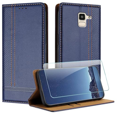 JayModCase Hülle für Samsung Galaxy J6 2018 und Schutzfolie, Premium Leder Flip Schutzhülle mit [Kartenfächer] [Ständer] [Stoßfest] [Magnet] Handyhülle für Samsung J6 2018 - Blau