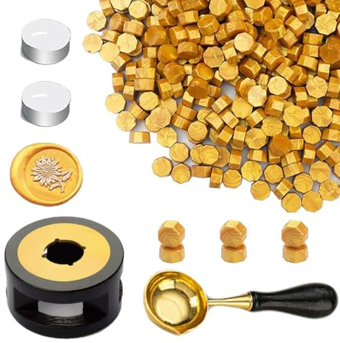 Wachs Siegel Perlen Set, Ioggtser Siegelwachs Perlen Set mit 450PCS Gold Wachs Siegel Perlen, Wachs Siegel Warmer, Schmelzlöffel, 2 PCS Kerzen, Wachs Siegel Kit für Hochzeitseinladungen