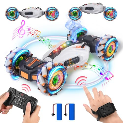 FORMIZON Ferngesteuertes Auto, Gestenoperation RC Auto, 2,4 GHz 4WD RC Stunt Car, Doppelseitige Rotierende Off-Road Drift Twist Car 360° Flips mit Licht, Sprühen und Musik, Geschenke Für ab 6 7 (Grau)