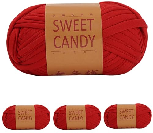 Yixinly 400g Fettuccia per Borse a Uncinetto, Filato per Borse Uncinetto Filato Uncinetto, Fettuccia per Borse Filo Uncinetto per Borsa, Cestino, Coperta, Decorazione Domestica 4x100g (Rosso)