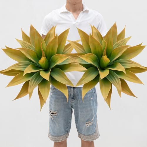 Ttranewsoo Artificial Plants Outdoor Faux Plant,28 ArtificialAgave Faux Hostas Outdoor Uv Resistant Artificial PlantsIndoor Fake Plant Artificial Agave Plant Indoor Yellow 2pcs