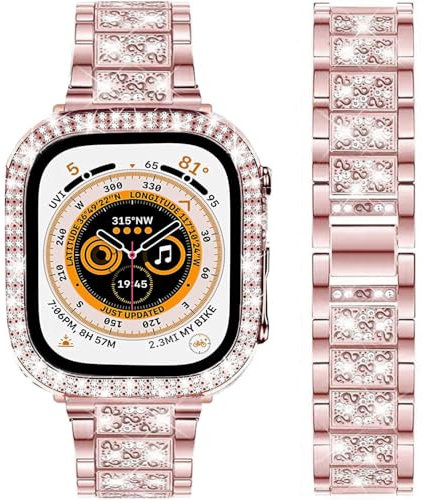 DEALELE Cinturini compatibili con Apple Watch serie 9/8/7 (41 mm), cinturino in metallo con strass e custodia protettiva, di ricambio, per iWatch da 45 mm, unisex, 41 mm, rosa originale