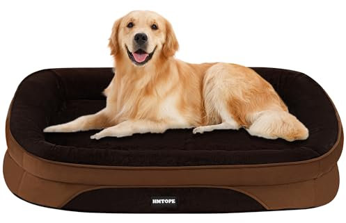 HMTOPE Orthopädisches Hundebett, Hundesofa, Vierseitiges Nackenrolle Kissen, rutschfeste Unterseite Hundekorb, Abnehmbar und Waschbar, Mittelgroße Hunde, Grosse Hunde, 106 x 79 x 17 cm, Braun