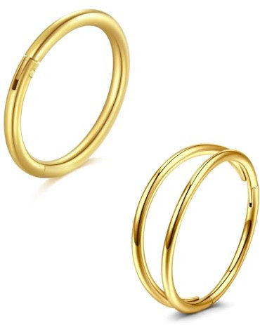 LAURITAMI 2 Stück Nasenpiercing Ring Chirurgenstahl 20G Dünn Doppelter Nasenpiercing Ring Gold, Septum Clicker Ring, 10mm Helix Conch Knorpel Tragus Nasenpiercing Schmuck