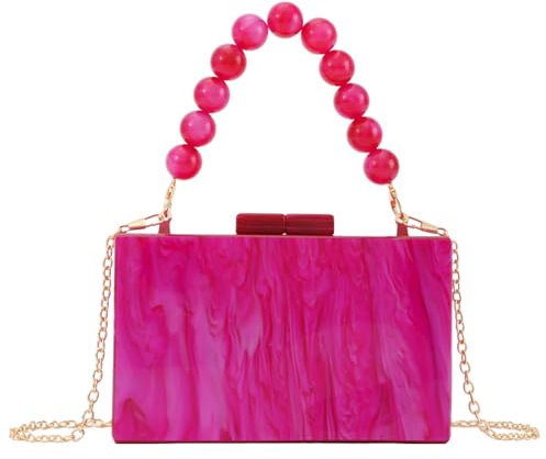 EVEOUT Pochette de Soirée en Acrylique pour Femme Élégant Veine de Marbre Clutch avec Chaîne Sac à main de mariée Sac bandoulière pour fête mariage(Rouge rosé)
