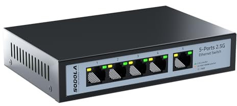 SODOLA 5 Port Gigabit Switch, 5x 2.5G Network Switch, Unmanaged Ethernet Switch for Home Office Gaming, Plug & Play, Ethernet Splitter, Silent Fanless Design, Desktop or Wall Mount
