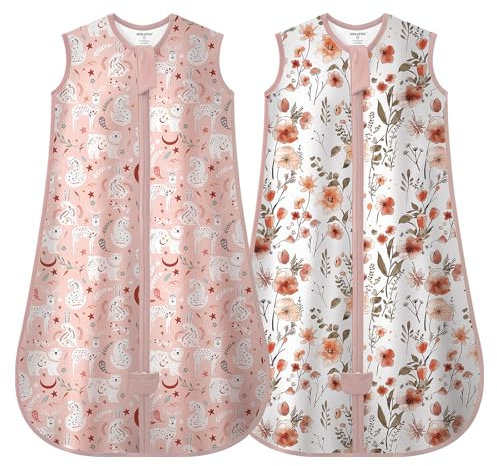 MIKAFEN Lot de 2 Gigoteuses d'été pour bébé 0,5 Tog, 100% Coton, Gigoteuse d'été pour Enfants pour garçons et Filles, Animaux et Fleurs Roses, 6-14 Mois