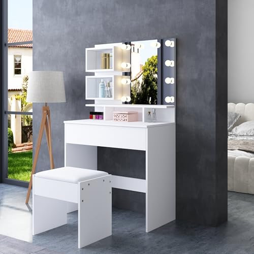 Schminktisch mit LED-Beleuchtung und Hocker,Schminktisch mit Spiegel und 3 Farbtemperaturen,Frisiertisch mit 5 Fächern & Schublade,Make up Tisch für das Schlafzimmer,Weiß,70x40x140 cm