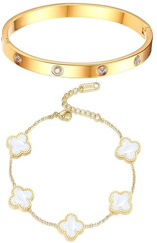MOSTEDE Glücklich Vierblättriges Kleeblatt Armband Damen Kleeblatt Armband Gold Aus Titanstahl Gold Liebe Freundschaft Cubic Zirkonia Armreif Für Frauen Und Mädchen Geburtstagsgeschenk
