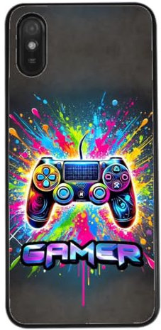 FunKaz Coque pour Xiaomi Redmi 9A - Gamer Manette de Jeu Fond Multicolore - Coque Noire TPU