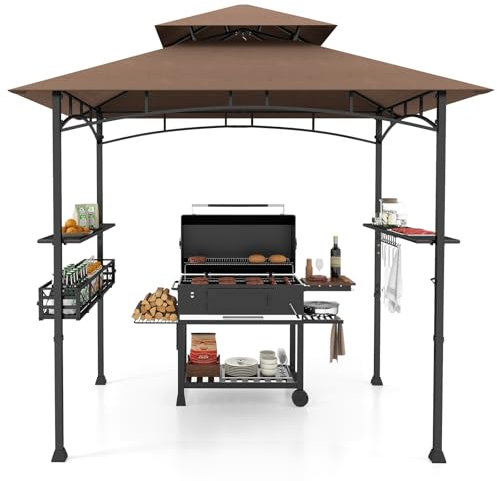 COSTWAY Grillpavillon mit Doppeldach, Seitenregalen, Metallkorb, Haken und Flaschenöffner, Grillüberdachungen wetterfest, Grillunterstand für Garten, Außenbereich, 242 x 153 x 250 cm (Braun)