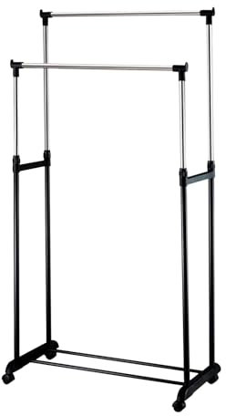 EasySpeed Perchero de Doble Barra para Ropa con Ruedas, Perchero Extensible Resistente y Estable, Organización para Casa, Hogar, Tiendas, Metálico (75x42x155cm)
