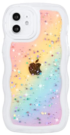 ZTOFERA Sparkly Glitter Case for iPhone 12 (6.1), Rainbow White | Curly Wave Frame Shape, Bling Sparkle Star, Clear Soft TPU Back Cover, Lightweight, Shockproof Protective Bumper Cover