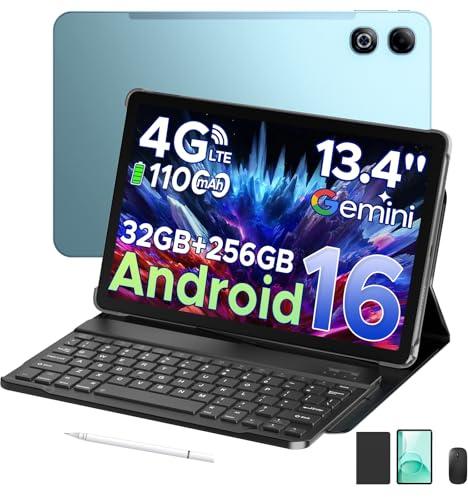 Tab G6 Max 2025 Android 16 Tablet with Pen and Keyboard, 13.4 Inch+7.7 mm Ultra-thin Tablets, 32GB+256GB, 11000mAh Battery, 13MP+8MP, Widevine L1 | 4G LTE | WiFi | GPS | OTG, Blue
