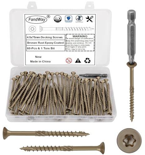 FandWay 60 Stück Holzschrauben Torx 4,5 x 75 mm Spanplattenschrauben Braun Epoxid,Senkkopfschrauben, Dachkonstruktion Schrauben,Terrassenschrauben,Universalschrauben mit T25 Torx-Antrieb.