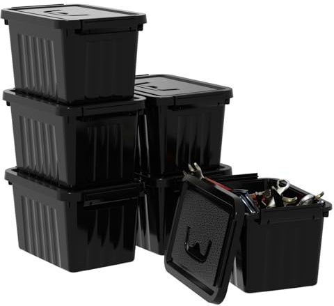 Vareone 6 Litre Stackable Storage Box with Handle, Plastic Storage Bin for Organizing Stationery, Snacks, Tools, Pack of 6(Black)