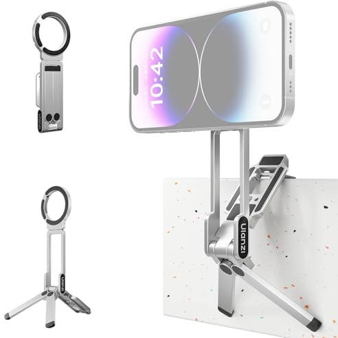 ULANZI MA38 Trépied magnétique 4 en 1 en Aluminium Forme de Mousqueton, Support Pliable pour Smartphone, Double trépied de Poche, Mini Perche à Selfie Compatible avec iPhone 17 16 15 14 13 12, Argent