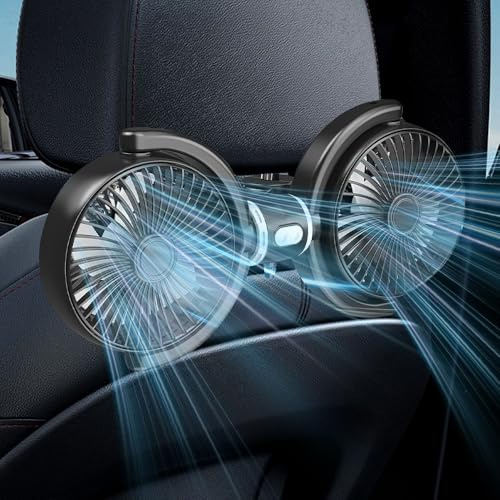 RNPKZ Car Fan for Backseat, Auto Car Cooling Fan with Dual Head, Separate Control Car Fan with 3 Speeds Air Circulation, 360° Rotatable Portable Vehicle Mounted USB Fans for SUV, RV, Truck, Vehicles