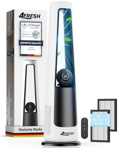4FRESH Leiser Turmventilator mit Luftreiniger, 2-in-1 Standventilator mit 2 x H13 HEPA-Filter, BLDC Motor, 12 Stufen, 3 Modi, 60° Oszillation, 12h Timer, Fernbedienung, Weiß