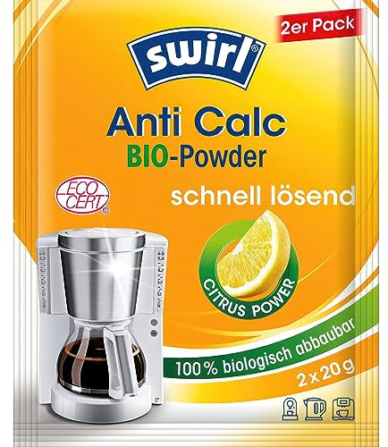 Swirl Anti Calc Bio-Powder (2x 20g) mit Citrus Power | Entkalkungspulver geeignet für Kaffeemaschinen, Kaffeevollautomaten, Padmaschinen, Wasserkocher
