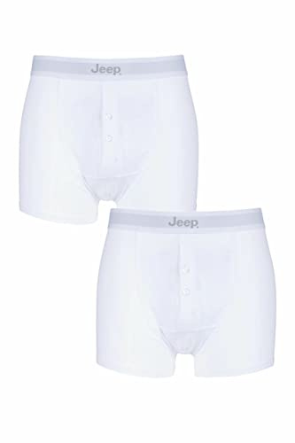 Jeep Men’s Plain Cotton Fitted Button Front Boxer Shorts, Underwear for Him, Stretch Fit Boxer Trunks, Solid Black and White, Sizes Small to X-Large Pack of 2