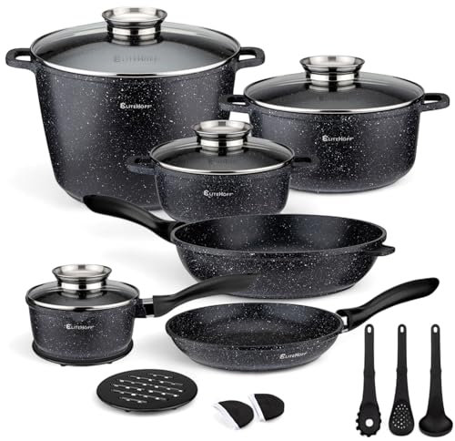EliteHoff Induktion Topfset, 17-teiliges Kochgeschirr-Set, Kochtopf und Pfannenset mit Deckel, Topf Aluminium, Antihaft Kochgeschirr für alle Herdarten, Spülmaschinenfest & PFOA-frei (Schwarz, E-7026)
