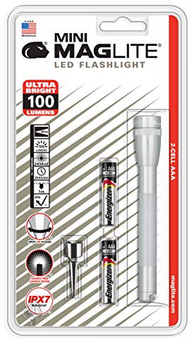 Mag-Lite LED Mini AAA Taschenlampe bis zu 84 Lumen, 12,5 cm, inkl. 2 Micro-Batterien und Taschenclip, silber, SP32106