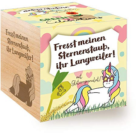Grow Your Own Einhornbohne, Holzwürfel Mit Lasergravur «Fresst Meinen Sternenstaub, Ihr Langweiler», Nachhaltige Geschenkidee, Anzuchtset, Ecocube, Made in Austria